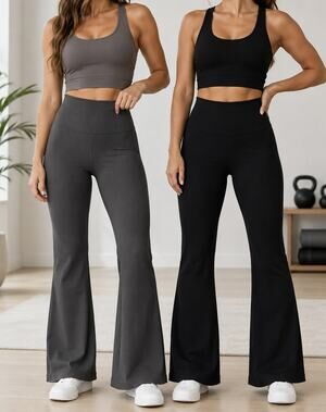 OQQ Women’s L Ribbed Flare Leggings 2 Pack Black Gray High Waist Yoga Pants
